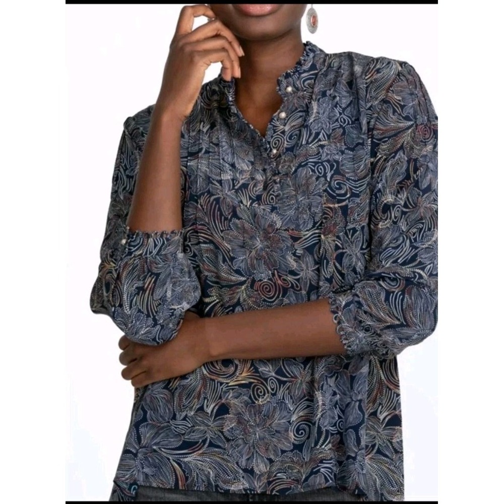 Johnny Was Venus Peasant Top Women's Large Boho Pearl Button 100% Silk Pintuck